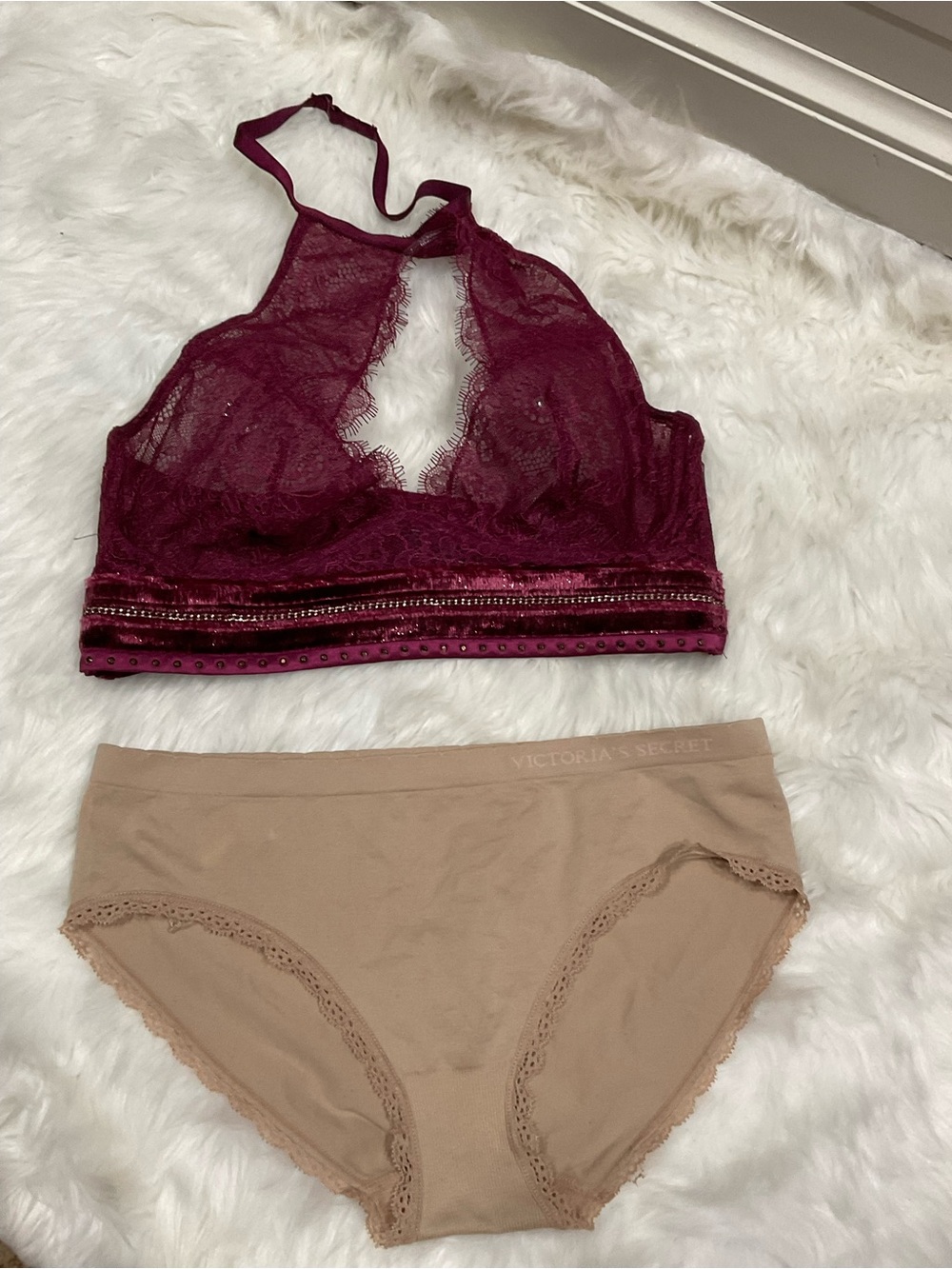 Victoria's Secret Burgundy Lace Halter Bralette with Nude Briefs